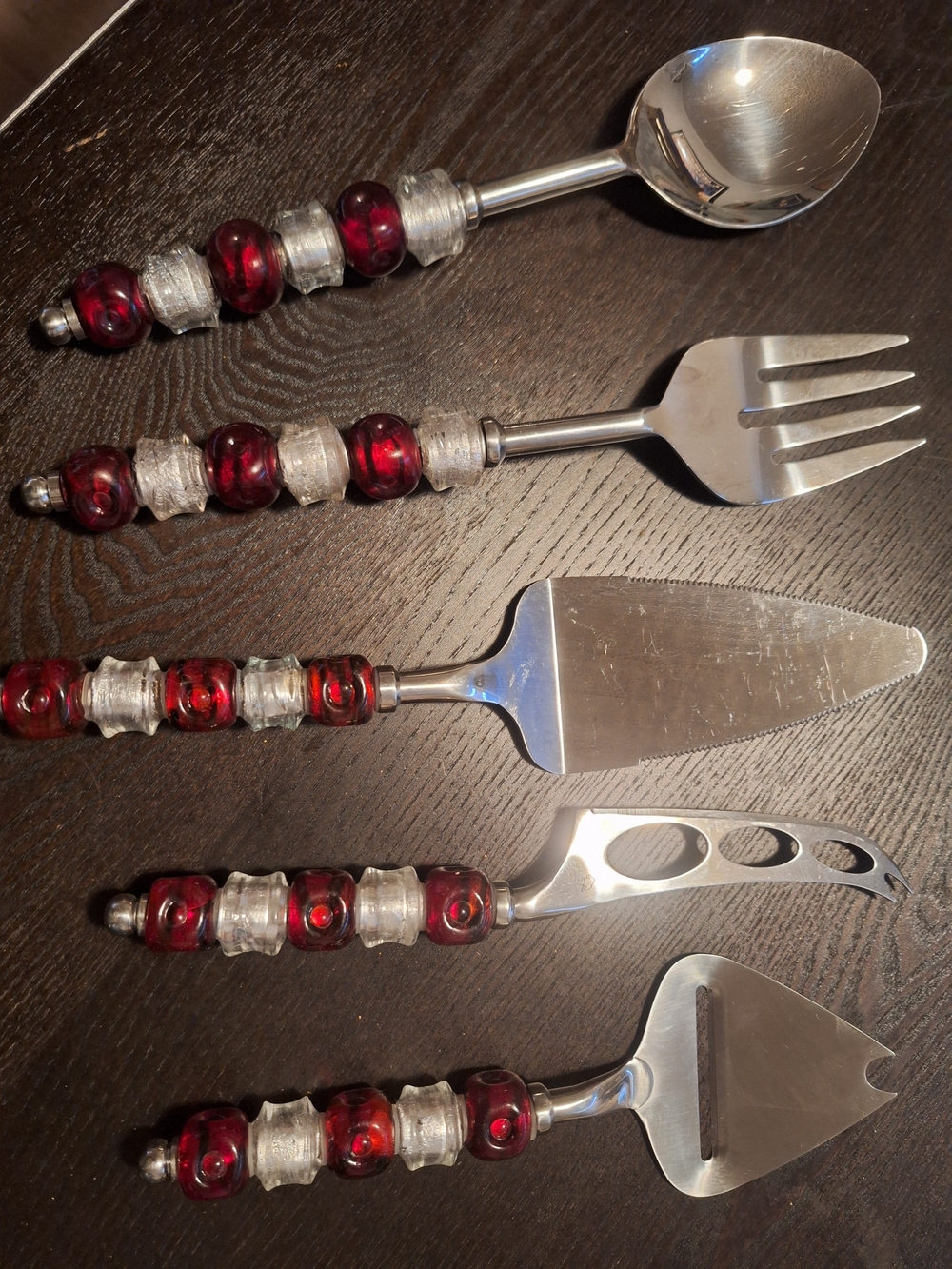 Pampered Chef Red/White Beaded Handle Stainless Steel Serving Set